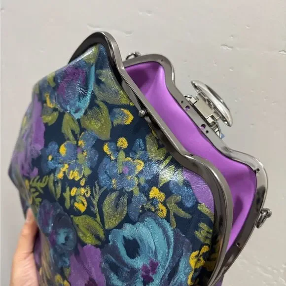 Original Design! Cowhide Leather Floral Print Handmade Metal Frame Slouchy Bag - Picture 12 of 16